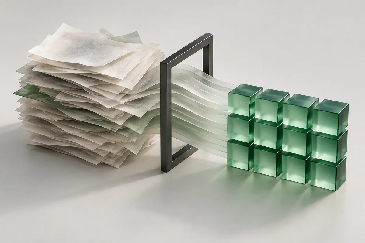 Document sheets becoming ordered jade blocks through a frame.
