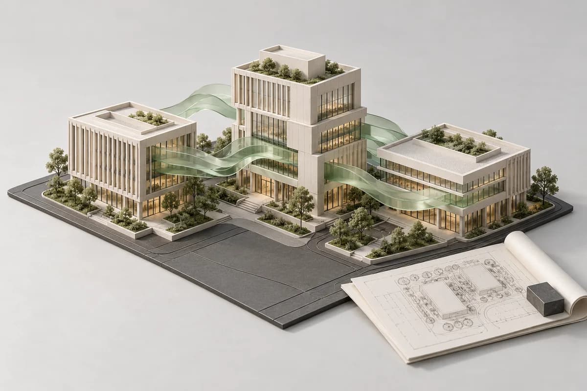 An architectural building model with translucent sage ribbons.